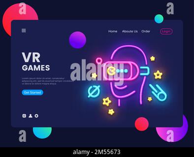 Banner für das Konzept der VR-Spiele-Website Vector-Designvorlage. Gamer-Lichtbanner im Neon-Stil, Virtual-Reality-Design mit modernem Trend, heller Nachtleben-Werbespot Stock Vektor