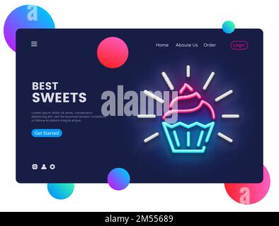Vektor für die Designvorlage von Sweets Shop. Candy Shop Webbanner-Oberfläche, Neon-Schild, modernes Trenddesign, Neon-Webbanner, leuchtende Neon-Werbung. V Stock Vektor
