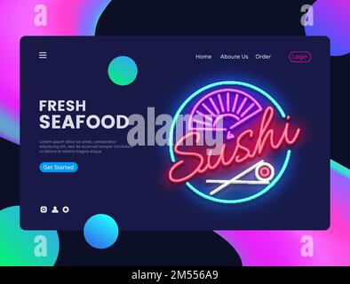 Sushi-Banner-Design-Vorlagenvektor. Webbanner-Oberfläche für Meeresfrüchte, Neon-Schild, modernes Trenddesign, Neon-Webbanner, helle Neon-Werbung. Vec Stock Vektor