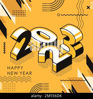 Frohes neues Jahr 2023 Retro-Cover mit modernem geometrischen abstrakten Hintergrund mit isometrischen Elementen. Frohes neues Jahr Grußkarten-Banner-Design für 2023. Stock Vektor