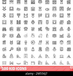 100 Spielfiguren für Kinder. Gliederungsdarstellung von 100 Kindsymbole, Vektorsatz isoliert auf weißem Hintergrund Stock Vektor