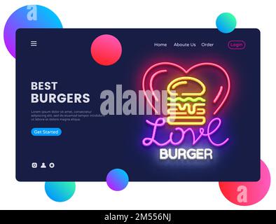 Burger-Konzeptbanner. Burger Fast Food Neon Schild, kann für Webbanner, Infografiken, Website-Vorlage verwendet werden. Burger Cafe Light Banner. Vector Illustrati Stock Vektor