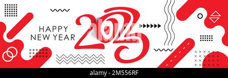 Cover für das neue Jahr 2023 mit modernem abstraktem geometrischem Design in Rot und Hintergrund im Retro-Stil. Frohes neues Jahr, rotes Banner für 2023-Typografie. Stock Vektor