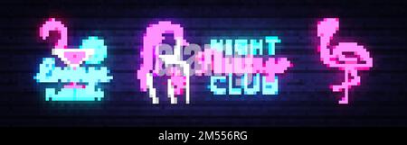 Flamingo Neon Kollektion Logo-Vektor. Flamingo Night Club Neonschild-Konzept, Designvorlage, modernes Trenddesign, Night Neon-Schild, Nachtlicht Stock Vektor