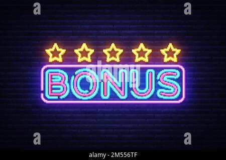 Bonus Neon Text Vector. Bonus Neonschild, Designvorlage, modernes Trenddesign, Night Neon Schild, Night Bright Werbung, Lichtbanner, Lichtkunst Stock Vektor