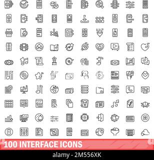 100 Symbole auf der Benutzeroberfläche eingestellt. Gliederungsdarstellung der 100-Symbole auf weißem Hintergrund isolierter Vektorsatz Stock Vektor
