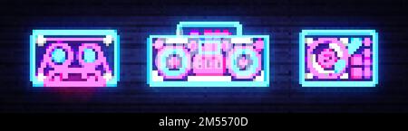 Große Kollektion Neongesang. Retro Music Neon Symbole Designelemente. Zurück zu den hellen Bannern 80-90s im modernen Trend-Design. Helles Schild, Nachtwerbung Stock Vektor