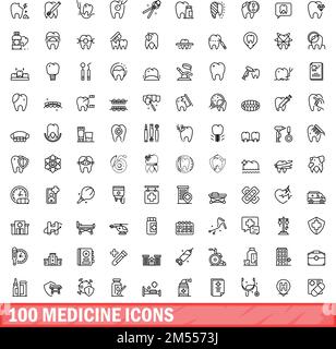 100 Medizinsymbole eingestellt. Umrissdarstellung von 100 medizinischen Symbolen Vektorsatz isoliert auf weißem Hintergrund Stock Vektor