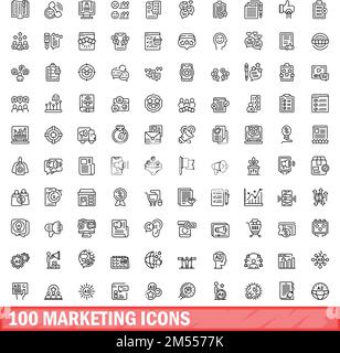 100 Marketingsymbole. Gliederungsdarstellung von 100 Marketingsymbolen, Vektorsatz isoliert auf weißem Hintergrund Stock Vektor