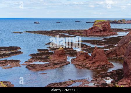 Eine Aufnahme aus einem hohen Winkel von Steinformationen am Ufer von North Berwick, Schottland, Großbritannien Stockfoto