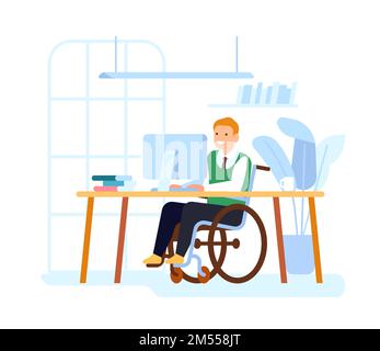 Mitarbeiter mit Behinderung arbeitet im Büro. Behinderter im Rollstuhl am Computer. Gelähmter Geschäftsmann. Beschäftigung behinderter Menschen. Gleich Stock Vektor