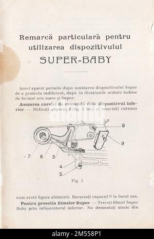 Vintage Illustrated Werbebroschüre Französischer kleiner Filmprojektor Pathé Baby ( la Camera ) in rumänischer Sprache / Rumänien / 1920er Stockfoto