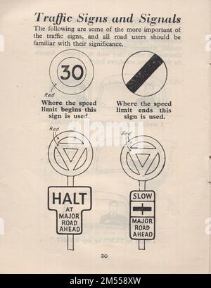 Straßenverkehrsordnung : vom Verkehrsminister mit Zuständigkeit für die Führung und Sicherheit aller Verkehrsteilnehmer herausgegeben mit einem Anhang einschließlich Diagrammen von Signalen und Schildern. Von der Bürokanzlei seiner Majestät. Ein Penny netto. Direkt bei H.M. zu erwerben Bürogebäude an folgenden Adressen : York House, Kingsway, London WC2 / 13a Castle Street Edinburgh 2 / 39-41 King Street Manchester 2 / 1. Andrews Crescent Cardiff / 80 Chichester Street , Belfast / oder über einen beliebigen Buchhändler./ Verkehrsschilder und Verkehrsschilder Stockfoto
