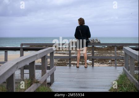 Die Dame stand und lehnte sich gegen das Geländer Stockfoto