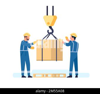 Arbeiter entfernen die Fracht mit einem Kran. Männer, die Pappkartons an Maschinen heben. Transportkisten. Container hängen an Haken. Lagerarbeiter Stock Vektor