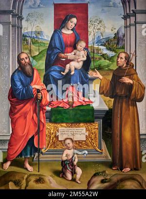 Madonna col Bambino in trono con S. Paolo, S. Francesco, S. Giovannino ( Pala Scappi ) - tempera su tavola - Francesco Raibolini detto il Francia Stockfoto