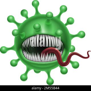 Grünes Corona Virus Monster im Cartoon-Stil. Ein entakeltes Monster COVID-19 ist ein gefährlicher Virus. Die Figur ist eine böse Mikrobe in Grün mit W Stock Vektor