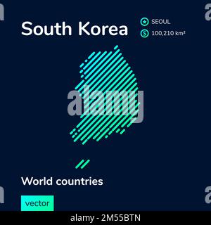 Karte von Südkorea. Vector kreative digitale Neonkunst abstrakte einfache Karte mit grüner, minzgrün-türkisfarbener Streifenstruktur auf dunkelblauem Hintergrund Stock Vektor