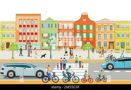City Silhouette mit Fußgängern in Wohngebiet und Straßenverkehr, Illustration Stock Vektor