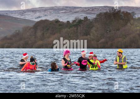 26. Dezember 2022 - Eine Gruppe harter Eltern wehrte sich gegen das kalte Wasser von Semerwater in den Yorkshire Dales, um Spenden für den Hawes Junior Football Club in Wensleydale zu sammeln. Semerwater liegt 820 Meter über dem Meeresspiegel und war voller Schneewasser, das letzte Woche von den umliegenden Fells strömte. Die Lufttemperatur war 1c Grad, aber mit windchill fühlte es sich eher wie 4c Grad Tee, Kaffee war verfügbar, um sie wieder aufzuwärmen! Kredit: Wayne HUTCHINSON/Alamy Live News Stockfoto