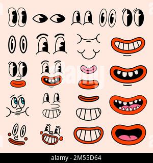 Comic-Charaktere im Retro-Stil. Lustige Gesichter. Vintage 50s, 60s komische Augen- und Mundelemente. Smiley-Vektorgesichter mit lustigen Emotionen. Stock Vektor