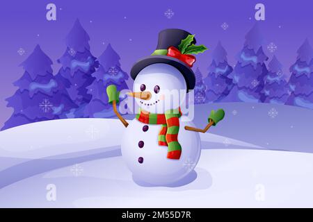 Süßer Schneemann mit Hut, Schal, emotionalem fröhlichem Gesicht, abendliche Winterlandschaft im Cartoon-Stil, isoliert auf weißem Hintergrund. Weihnachtsfigur, Winterdekoration. Vektordarstellung Stock Vektor