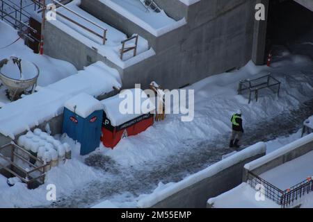 Eine Luftaufnahme eines schneebedeckten Gebiets in Vancouver, Kanada Stockfoto