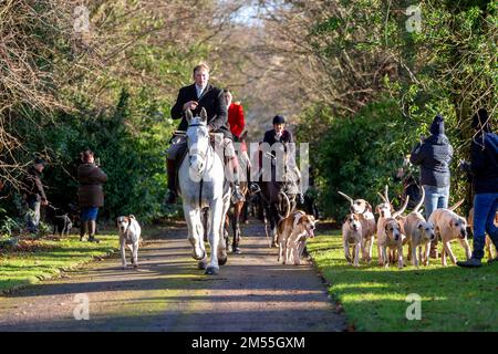 Hagley, Worcestershire, Großbritannien. 26. Dezember 2022. Bei der Albrighton and Woodland Hunt fahren Pferde und Hunde eine Spur entlang, während sie sich für die traditionelle Jagd am zweiten Weihnachtsfeiertag in der Hagley Hall treffen. Worcestershire, an einem hellen und sonnigen Tag. Kredit: Peter Lopeman/Alamy Live News Stockfoto