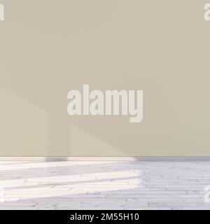 Leerer Raum mit heller sandbeigefarbener Wand und Sonnenlicht durch das Fenster in einem Raum 3D-Modell-Rendering. Stockfoto