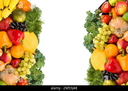 Gemüse und Obst isoliert auf weißem Hintergrund. Collage. Geben Sie Platz für Text frei. Stockfoto