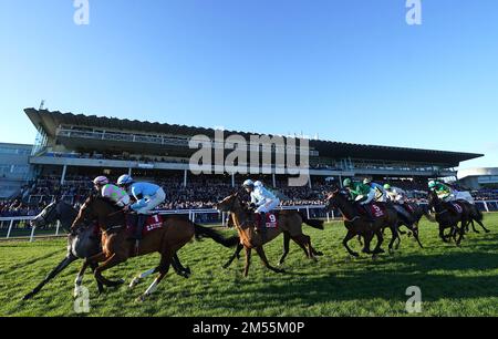 Läufer und Reiter während der „Knight Frank Juvenile Hürde“ am ersten Tag des Leopardstown Christmas Festival auf der Leopardstown Racecourse in Dublin, Irland. Foto: Montag, 26. Dezember 2022. Stockfoto