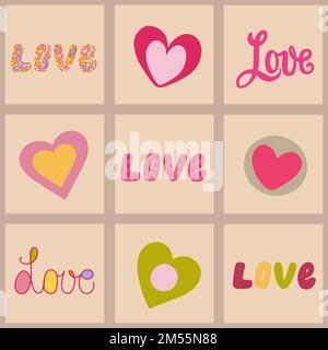 Sammlung von quadratischen Karten mit handgezeichneten Herzen in unterschiedlicher Form. Nahtloses kariertes Muster. Stock Vektor