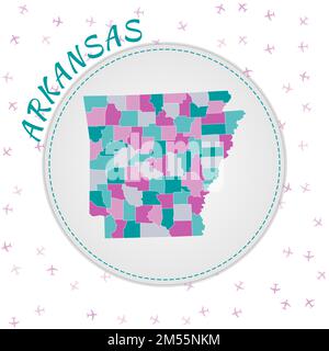 Arkansas Kartendesign. Karte des US-Bundesstaates mit Regionen in smaragdamethystischer Farbpalette. Abgerundete Reise nach Arkansas Poster mit dem Namen des US-Bundesstaates und Airp Stock Vektor