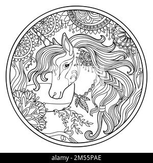 Einhorn mit langer Mähne in rundem Blumenrahmen. Ein magisches Pferd von Hand zeichnen, um Buch, Tattoo, Puzzle, Druck und Dekor zu malen. Stilisierte Vektordarstellung Stock Vektor