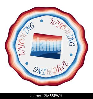 Wyoming Abzeichen. Karte des US-Bundesstaates mit wunderschönen geometrischen Wellen und leuchtend rotem blauem Rahmen. Leuchtendes, rundes Wyoming Logo. Vektordarstellung. Stock Vektor