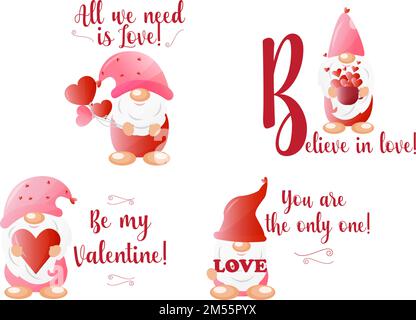 Valentinszwerge mit hübschem Text. Schönes Design für romantische Valentinstag mit süßen Cartoon-Zwergen und Zeichen. Lustige romantische Valentinstag-Zwerge. Stock Vektor