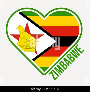 Zimbabwe, Herzflagge. Logo „Made with Love from Simbabwe“. Flagge der Landherzform. Vektordarstellung. Stock Vektor