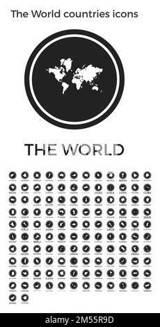 Die Symbole der Länder der Welt. Schwarze runde Logos mit Karten und Titeln von Ländern der Welt. Vektordarstellung. Stock Vektor