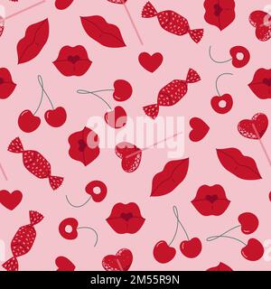 Valentins Nahtloses Muster mit Lippen, Süßigkeiten und Kirsche. Vektorgrafik im Kritzelstil Stock Vektor