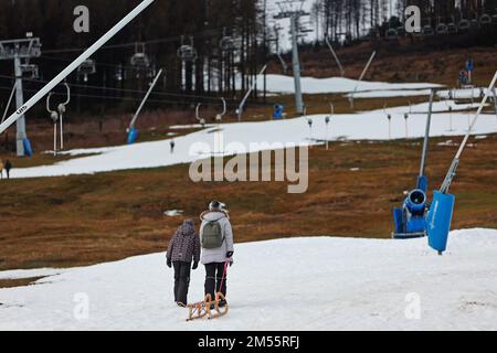 Braunlage, Deutschland. 26. Dezember 2022. Wintersportbegeisterte fahren bei mildem Auftauwetter im Hexenritt auf dem Wurmberg Schlittenfahrten durch die Schneereste. Einige Ausflugsfahrer nutzten die Gelegenheit zum Schlittenfahren. Kredit: Matthias Bein/dpa/Alamy Live News Stockfoto