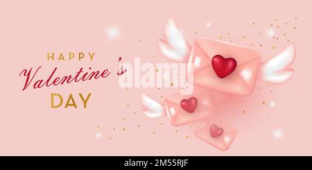 Rosafarbener Umschlag mit Flügeln und Herz. Sei mein Valentinstag. „Happy Valentine's Day“-Banner. Vektordarstellung im 3D-Minimalstil Stock Vektor