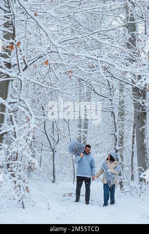 Im Winterwald spazieren ein Paar durch eine verschneite Landschaft. Ein Mann hält einen Weihnachtsbaum auf die Schulter Stockfoto