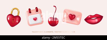 Valentinskollektion. Schloss, Kalender, süße Kirsche, Briefumschlag, Lippen. Vektordarstellung im realistischen 3D-Stil Stock Vektor