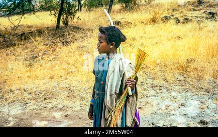 Äthiopien, 1970er, kleines Mädchen mit Fliegenklatsche und Stäbchenporträt, Oromia Region, Ostafrika, Stockfoto