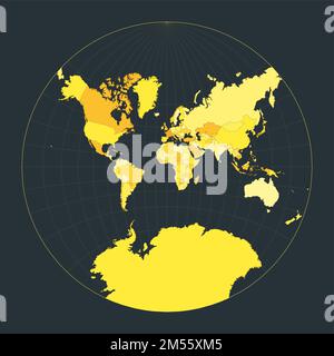Weltkarte. Lagrange-konformale Projektion. Futuristische Weltanschauung für deine Infografik. Leuchtend gelbe Landfarben. Illustration des Strahlungsvektors Stock Vektor