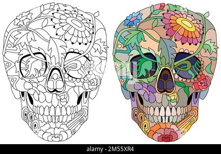 Zuckerschädel mit Blumenschmuck zur Färbung. Farb- und Konturgruppe Stock Vektor