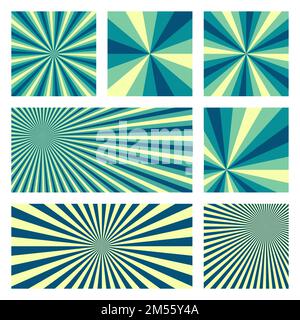 Fantastische Sonnen-Hintergrundkollektion. Abstrakte Abdeckungen mit radialen Strahlen. Tolle Vektordarstellung. Stock Vektor