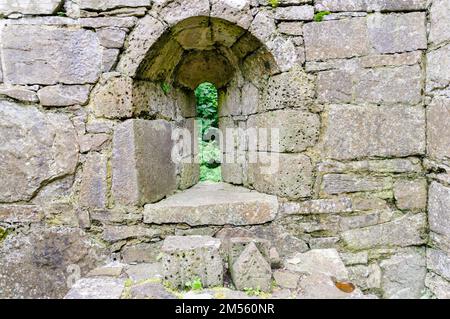 Steinfenster der mittelalterlichen Kirche auf Inchagoill Island, Lough Corrib, Republik Irland Stockfoto