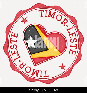 Timor-Leste Heart Flag Logo. Ländername Text um die Timor-Leste-Flagge in Herzform. Authentische Vektordarstellung. Stock Vektor