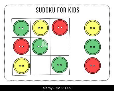 Sudoku-Spiel für Kinder. Pädagogisches Spiel für Kinder. Arbeitsblatt für Vorschulkinder. Aktivitäten für Kinder. Stock Vektor